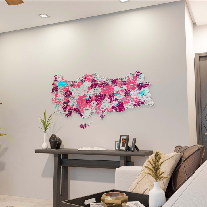 Türkiye İl Haritası UV Baskı Crimson Renkli Metal Pano Dekor