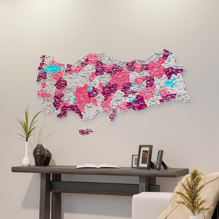 Türkiye İl Haritası UV Baskı Crimson Renkli Metal Pano Dekor