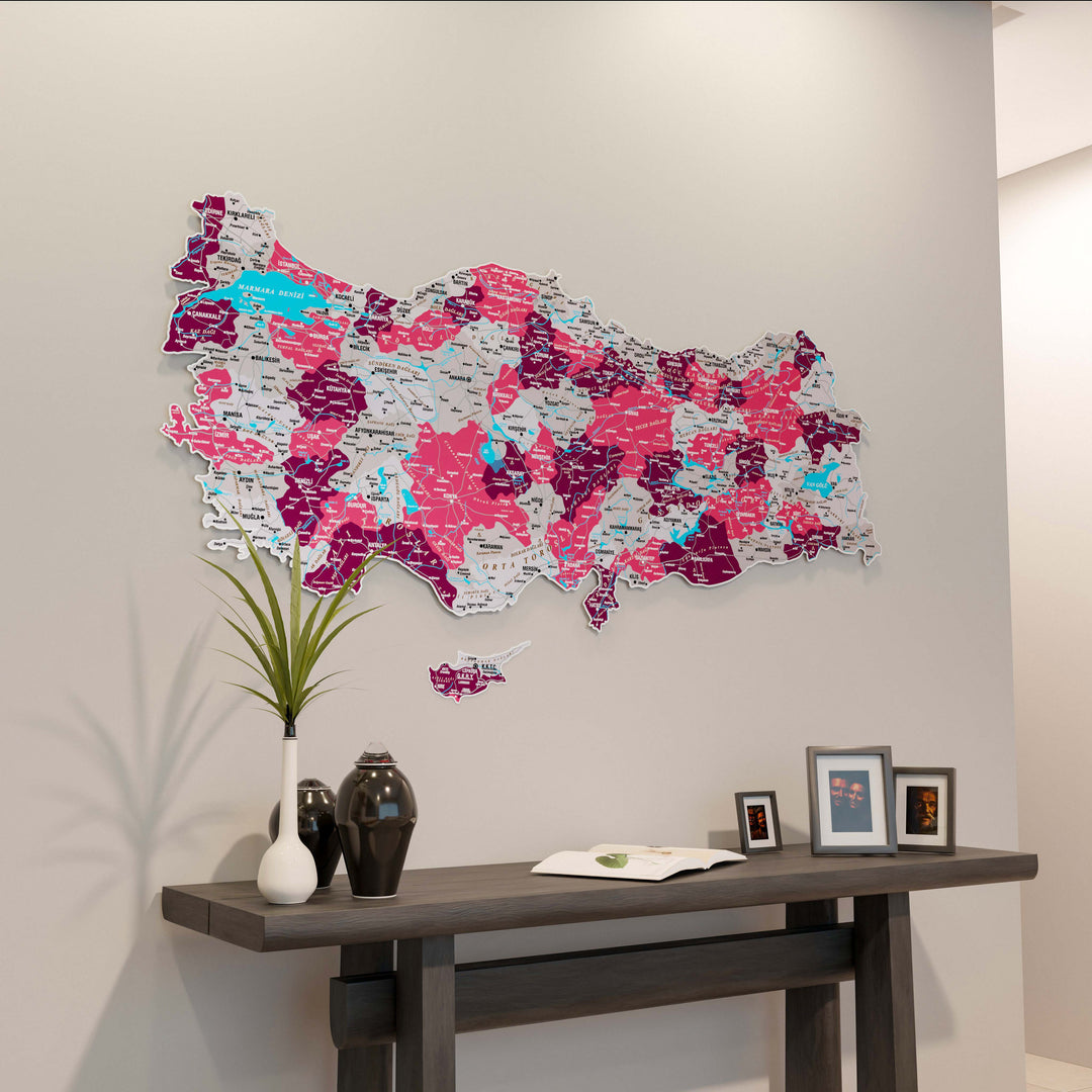 Türkiye İl Haritası UV Baskı Crimson Renkli Metal Pano Dekor