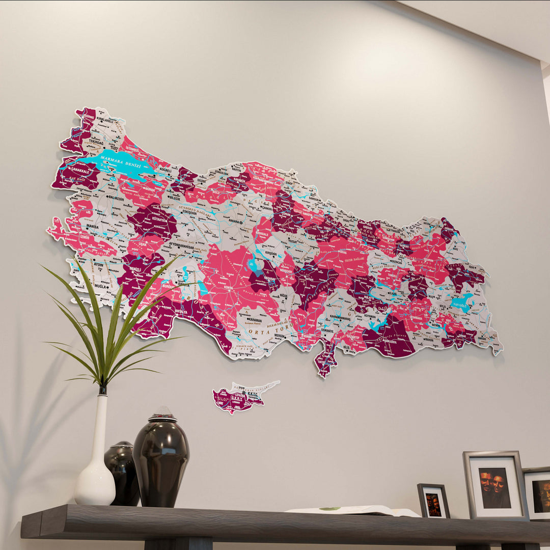 Türkiye İl Haritası UV Baskı Crimson Renkli Metal Pano Dekor