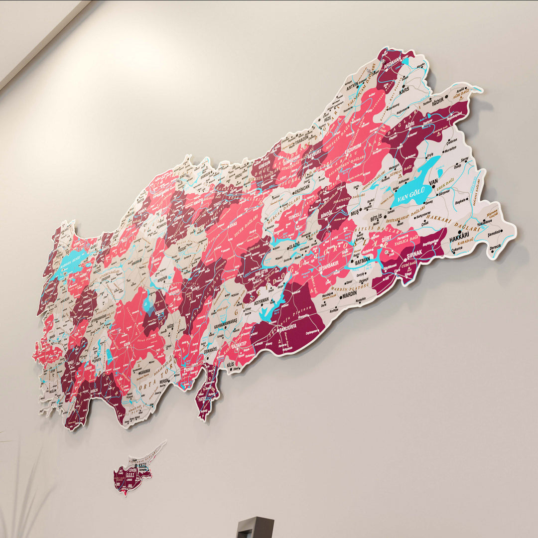 Türkiye İl Haritası UV Baskı Crimson Renkli Metal Pano Dekor