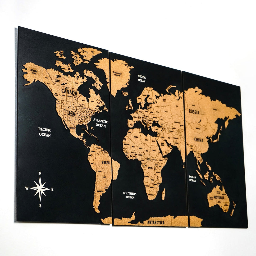 Dünya Haritası Çerçeveli Duvar Tablosu Mantar Pano - Ülke İsmli Dünya Haritası Ev Ofis Duvar Dekoru