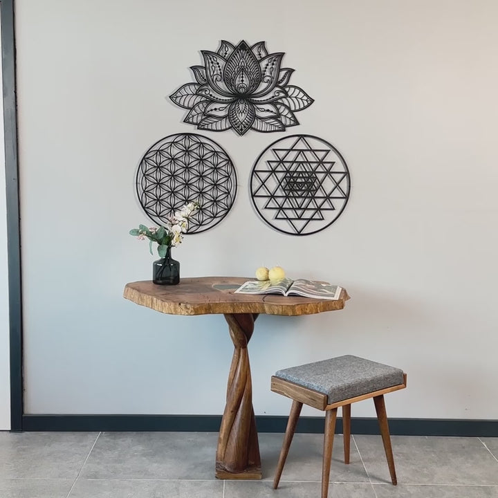 Mandala, Sri Yantra, Yaşam Çiçeği 3'lü Set Metal Duvar Tablo Dekor
