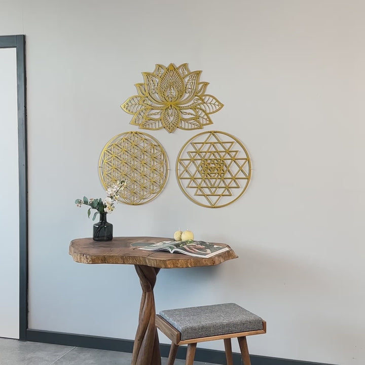 Mandala, Sri Yantra, Yaşam Çiçeği 3'lü Set Metal Duvar Tablo Dekor