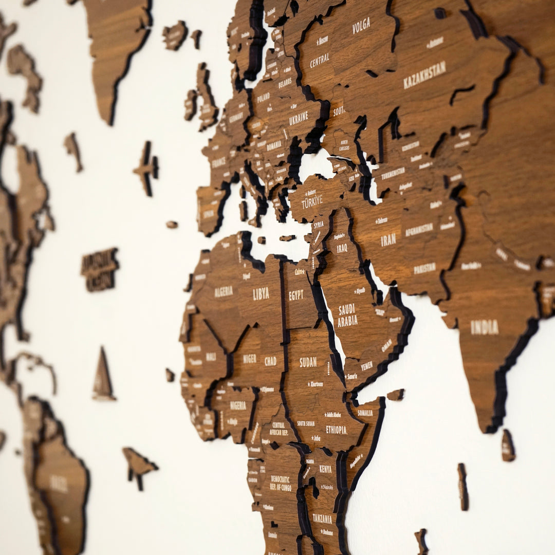 Çok Katmanlı 3D Ahşap Dünya Haritası - Ceviz v.2