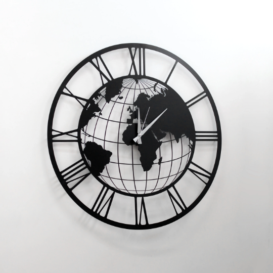 Dekoratif Dünya Haritası Tasarımlı Metal Duvar Saati - Metal Dekor