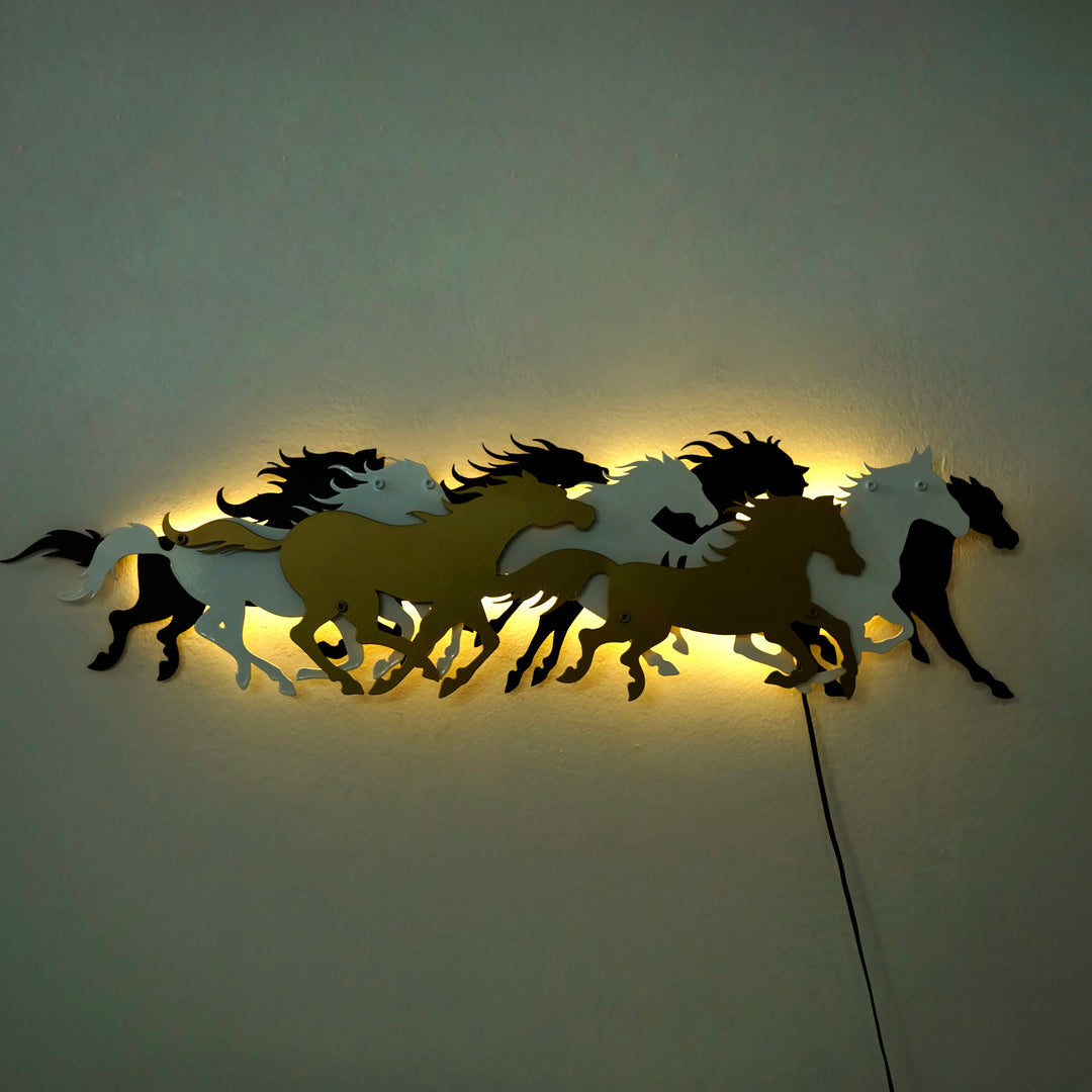 3D At Sürüsü Şeklinde LED Işıklı Dekoratif Metal Duvar Tablosu - Metal Dekor