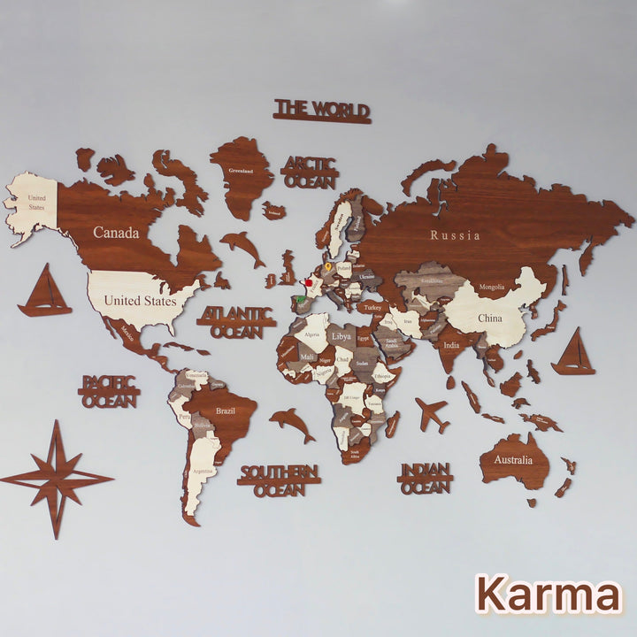 3D Ahşap Dünya Haritası Çok Katmanlı - TÜRKÇE Ülke İsimli