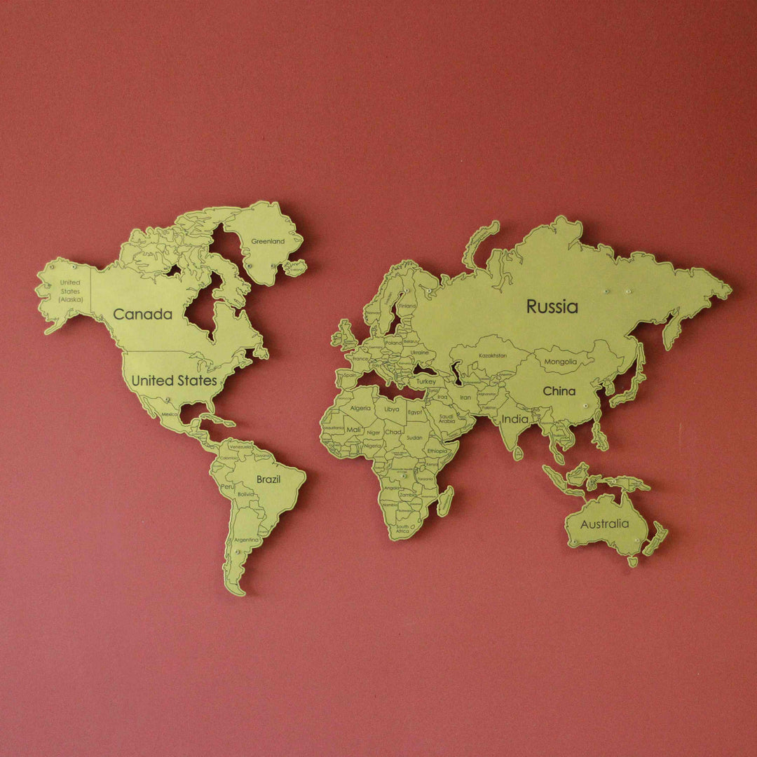 UV Baskılı Metal Dünya Haritası | Renk - Altın - ColorfullWorlds
