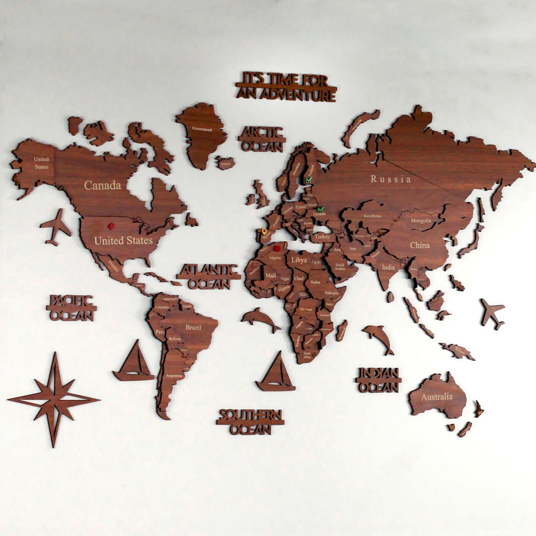 3D Ahşap Dünya Haritası Çok Katmanlı - Ceviz