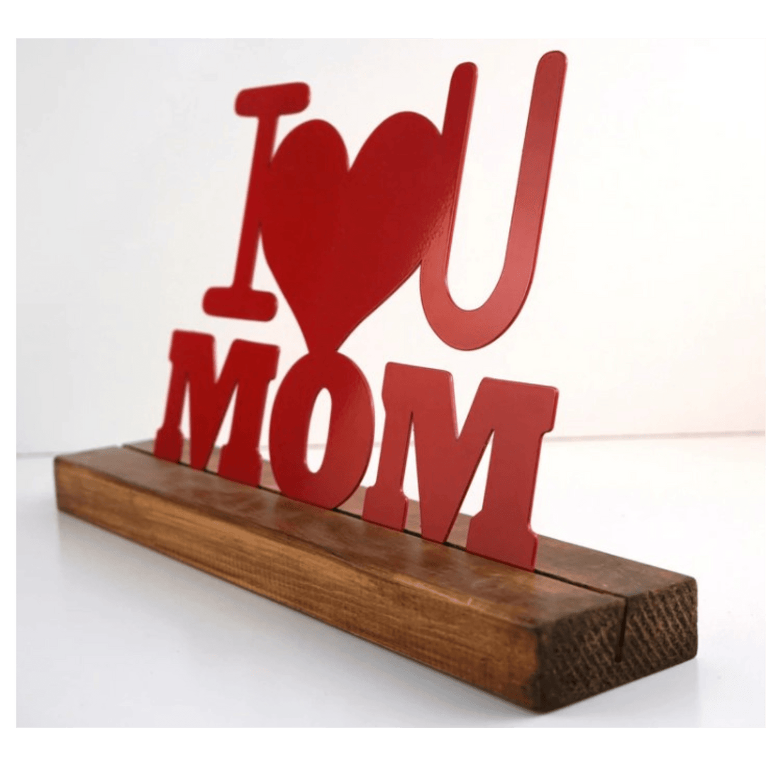 kırmızı renkli ı love you mom yazılı masa üstü dekor ve raf aksesuarı