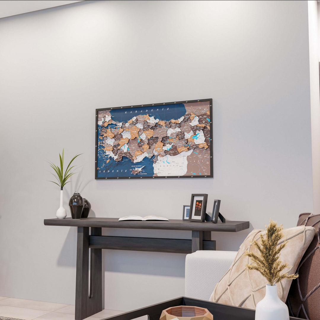Renkli Baskılı Türkiye Haritası - Çerçeveli Ahşap Duvar Dekoru (Soil)