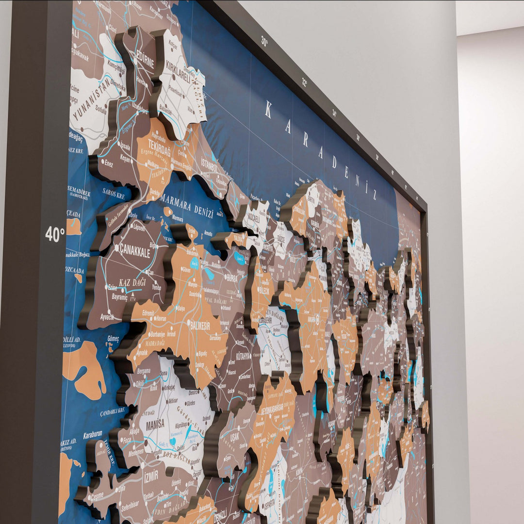 Renkli Baskılı Türkiye Haritası - Çerçeveli Ahşap Duvar Dekoru (Soil)