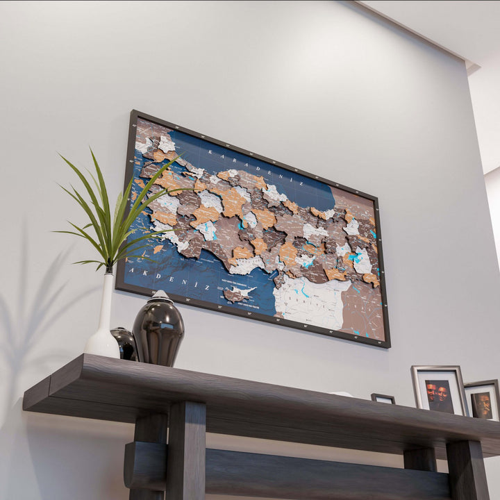 Renkli Baskılı Türkiye Haritası - Çerçeveli Ahşap Duvar Dekoru (Soil)