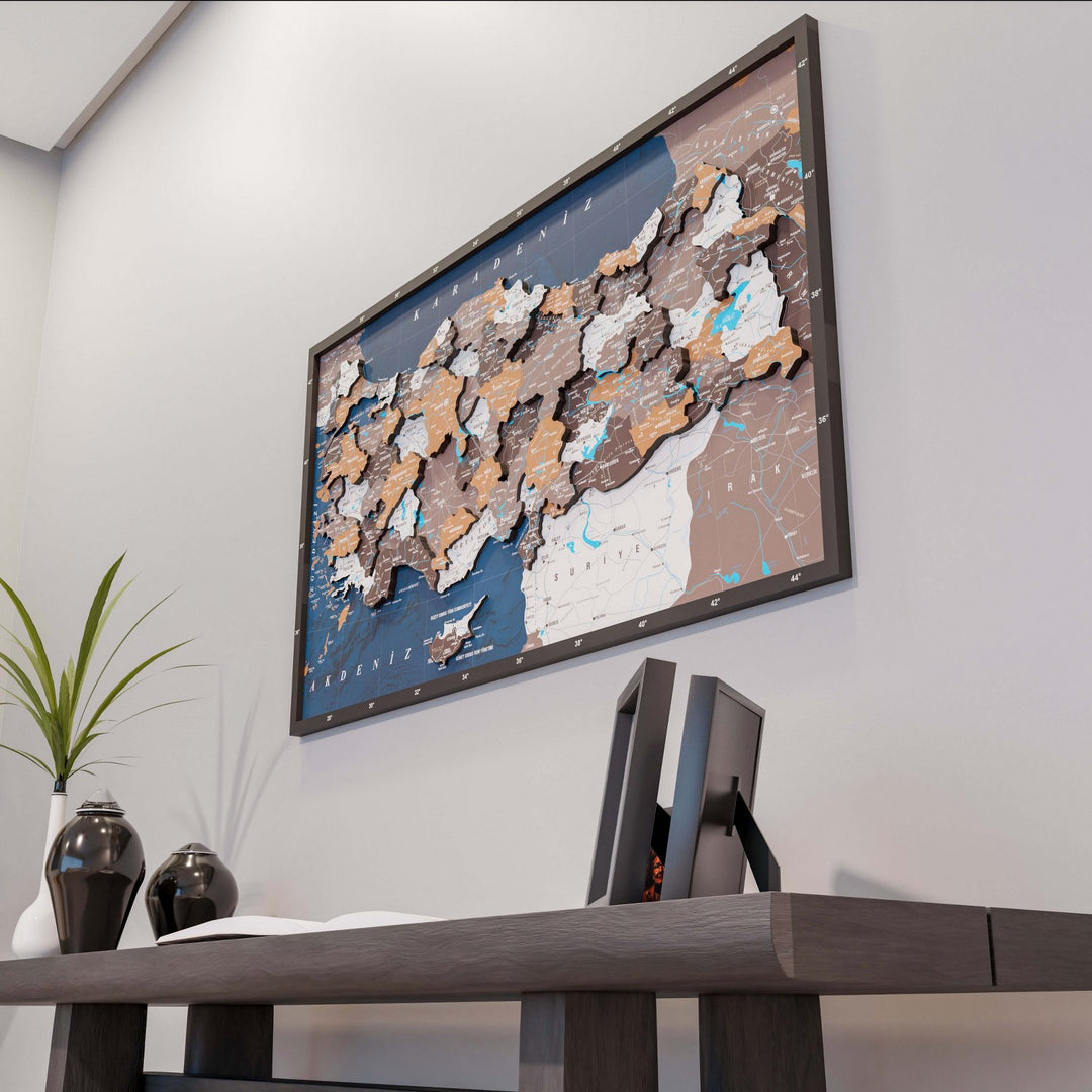 Renkli Baskılı Türkiye Haritası - Çerçeveli Ahşap Duvar Dekoru (Soil)