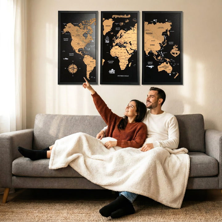 3 Parça Mantar Pano Dünya Haritası - Çerçeveli Siyah Duvar Dekoru