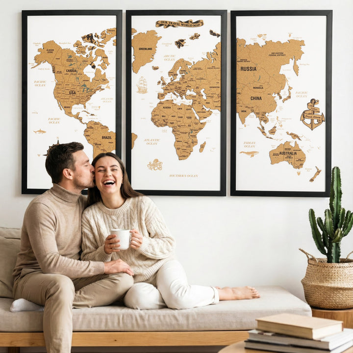 3 Parçalı Mantar Pano Dünya Haritası - Çerçeveli Modern Duvar Dekoru