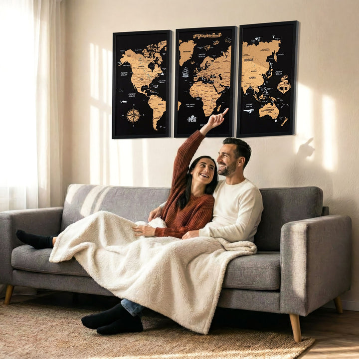 3 Parça Mantar Pano Dünya Haritası - Çerçeveli Siyah Duvar Dekoru