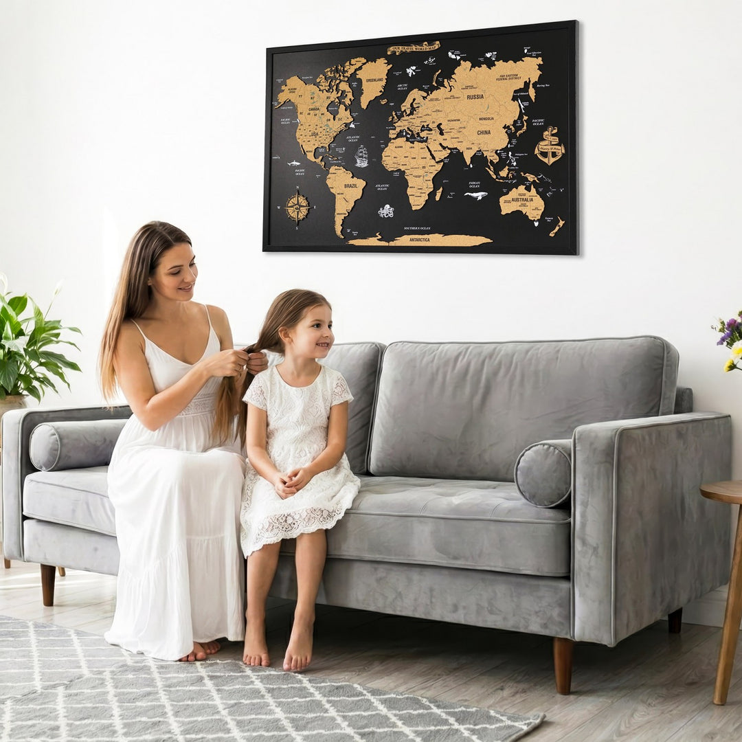 Çerçeveli Mantar Pano Dünya Haritası - Siyah Ahşap Duvar Dekoru