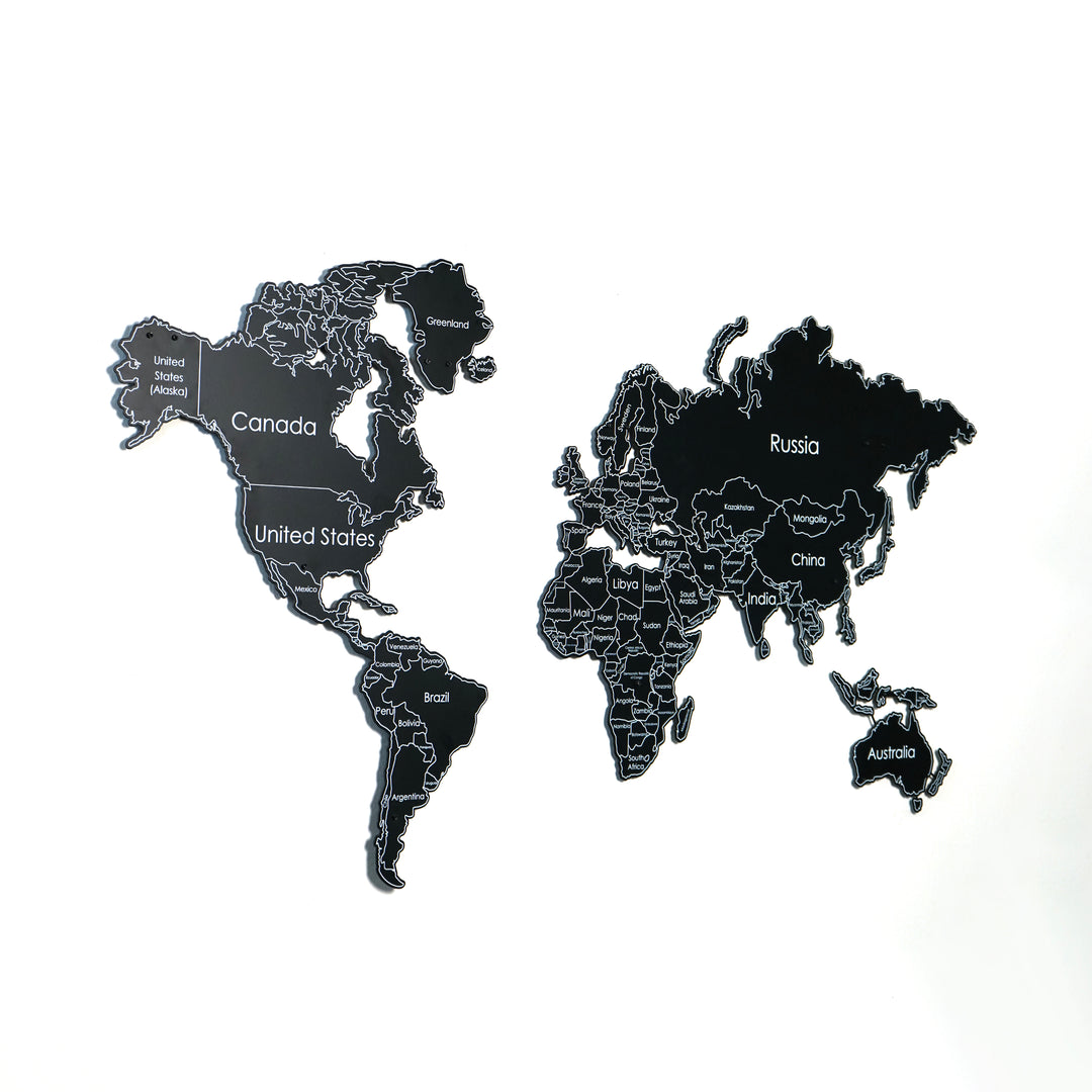 UV Baskılı Metal Dünya Haritası | Renk - Siyah