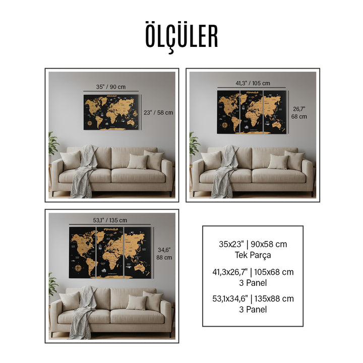 3 Parça Mantar Pano Dünya Haritası - Çerçeveli Siyah Duvar Dekoru