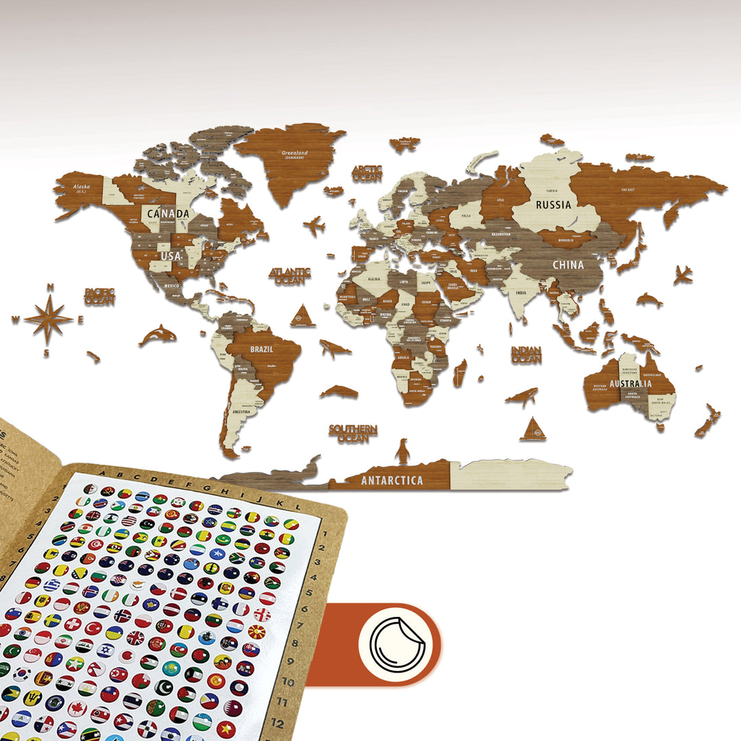 Arkada uc katmanli mixed ahsap dunya haritasi on planda ise ulke bayraklarinin yer aldigi pin seti bulunuyor colorfullworldstr 