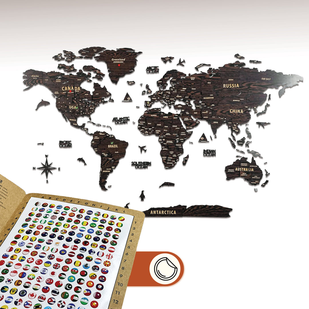 ahsap kahverengi dunya haritasi arka yapistirilabilir bayrak pinleri on planda colorfullworldstr