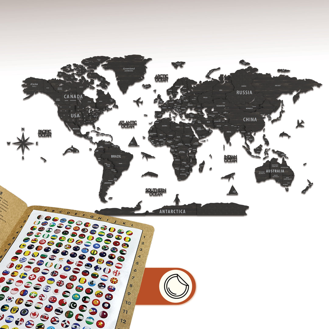 ahsap dunya haritasi tuana secenegi arkada yer alirken yapistirilabilir bayrak pinleri on planda colorfullworldstr