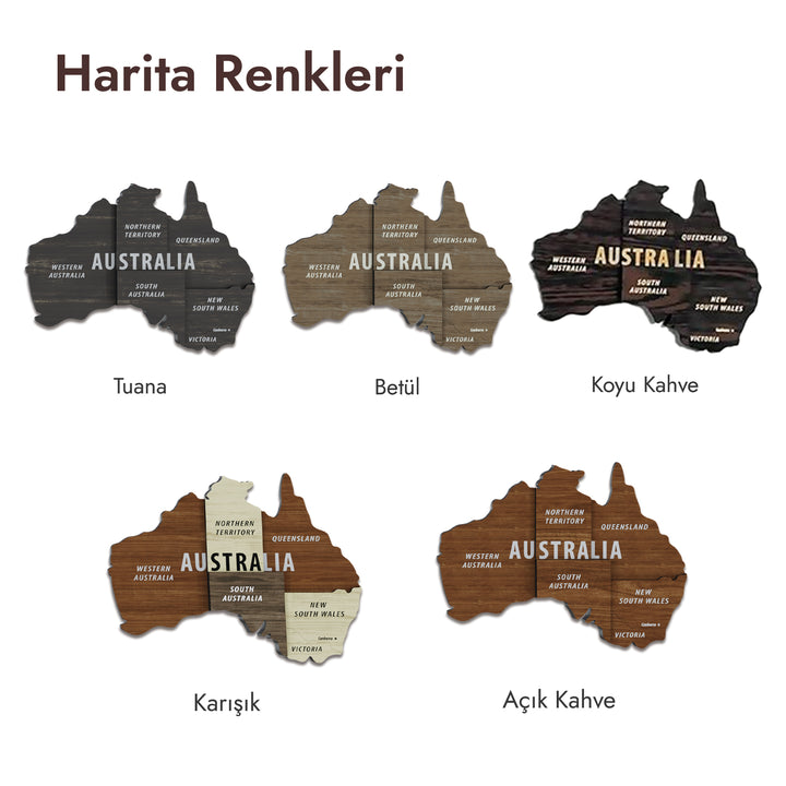 ahsap dunya haritalarinin bes farkli renk seceneginin avustralya kitasi ile gosterimi colorfullworldstr