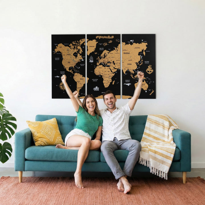 Mantar Pano Ahşap Dünya Haritası - Çerçevesiz Siyah Duvar Dekoru