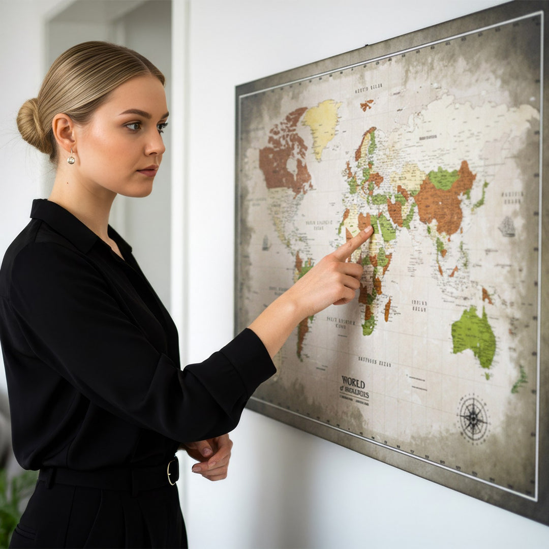 duvarda asili yesil bej ve sepya tonlarindaki kanvas dunya haritasindaki bir alani parmagiyla isaret eden bir kadin colorfullworlds