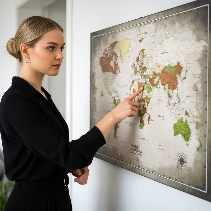 duvarda asili yesil bej ve sepya tonlarindaki kanvas dunya haritasindaki bir alani parmagiyla isaret eden bir kadin colorfullworlds