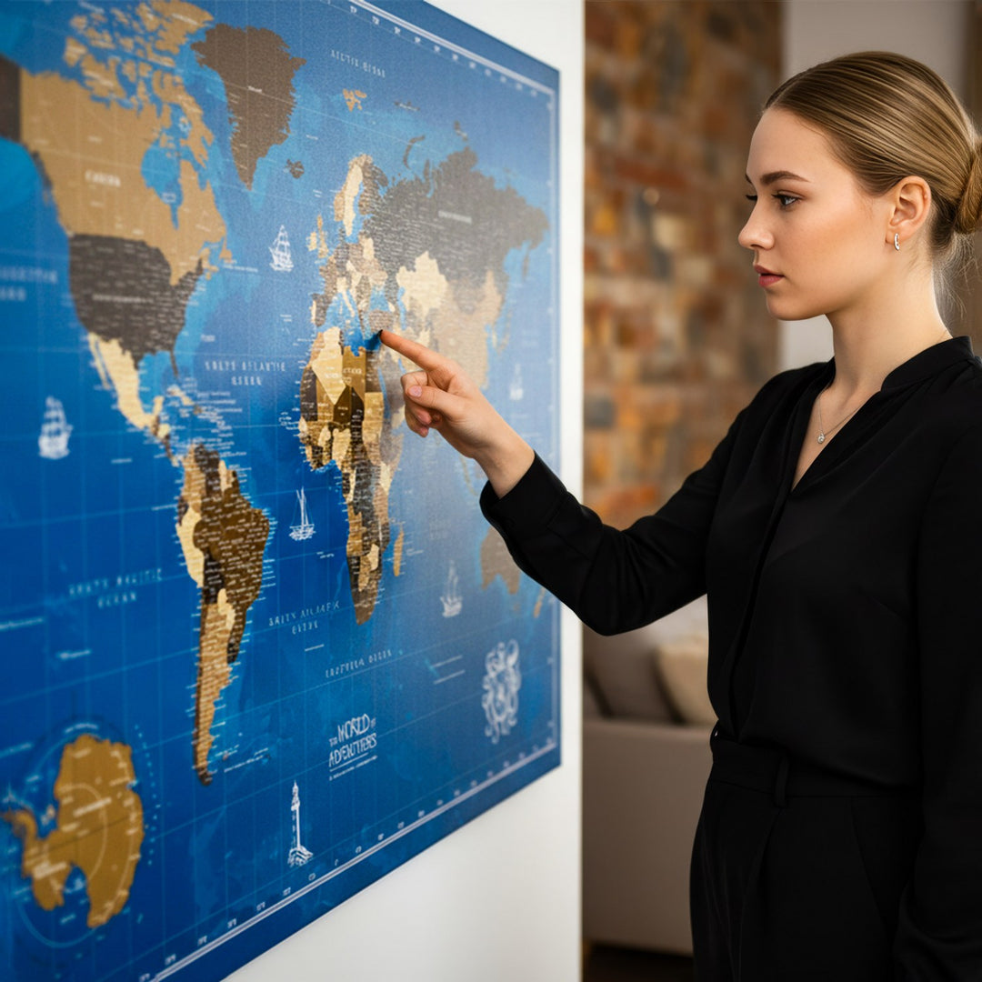 bir kadin dunya haritasi ocean model kanvas tablo uzerinde bir noktayi isaret ediyor colorfullworldstr