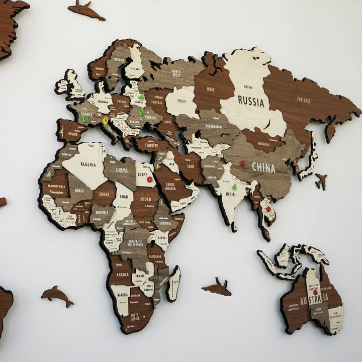 Metal & 3D Ahşap Dünya Haritası | Çok Katmanlı - Çok Renkli v.2