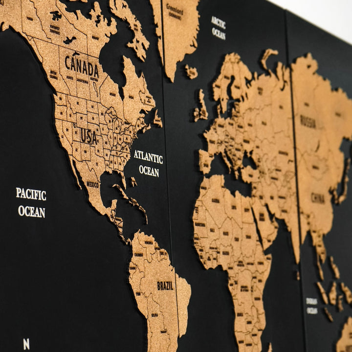 Dünya Haritası Çerçeveli Duvar Tablosu Mantar Pano - Ülke İsmli Dünya Haritası Ev Ofis Duvar Dekoru