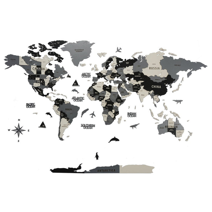3D Ahşap Dünya Haritası Çok Katmanlı  (Gri-Siyah-Krem Tonlar)