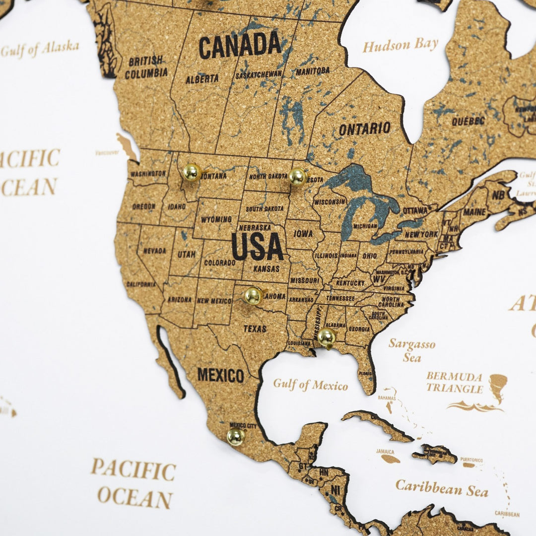 3 Parçalı Mantar Pano Dünya Haritası - Çerçeveli Modern Duvar Dekoru