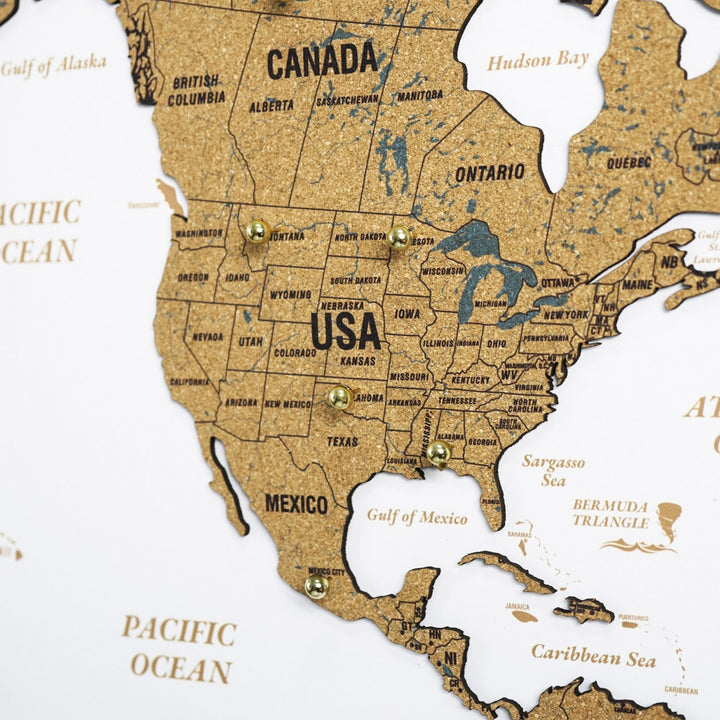 3 Parçalı Mantar Pano Dünya Haritası - Çerçeveli Modern Duvar Dekoru