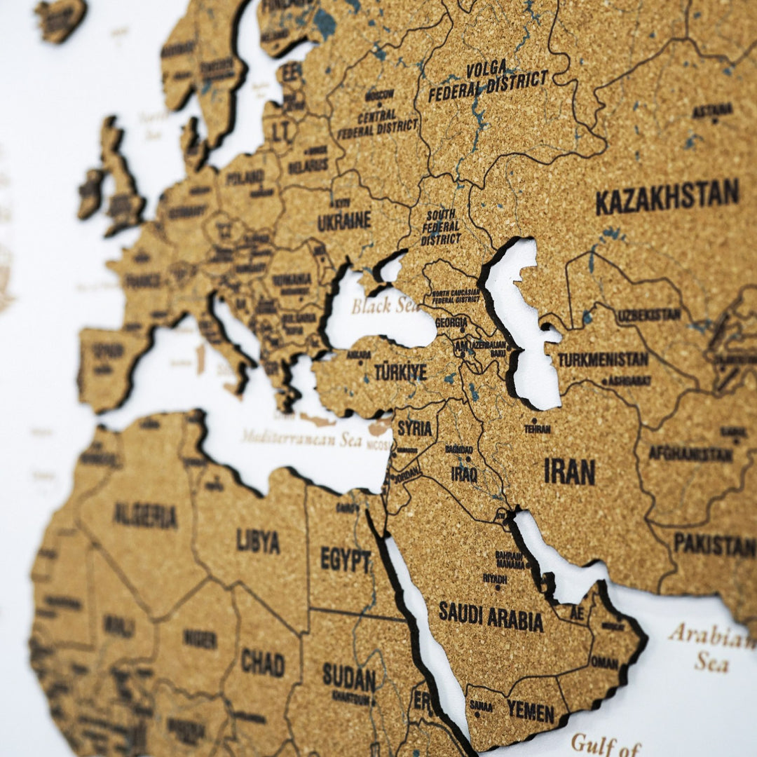 Mantar Pano Ahşap Dünya Haritası - Çerçevesiz Modern Duvar Dekoru