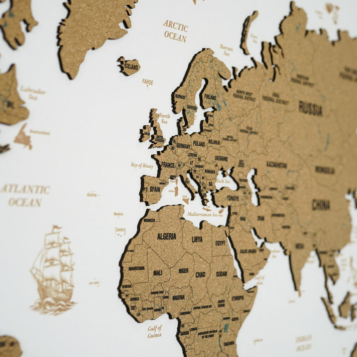 Çerçeveli Mantar Pano Dünya Haritası - Modern Duvar Dekoru