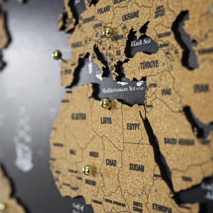 Mantar Pano Ahşap Dünya Haritası - Çerçevesiz Siyah Duvar Dekoru