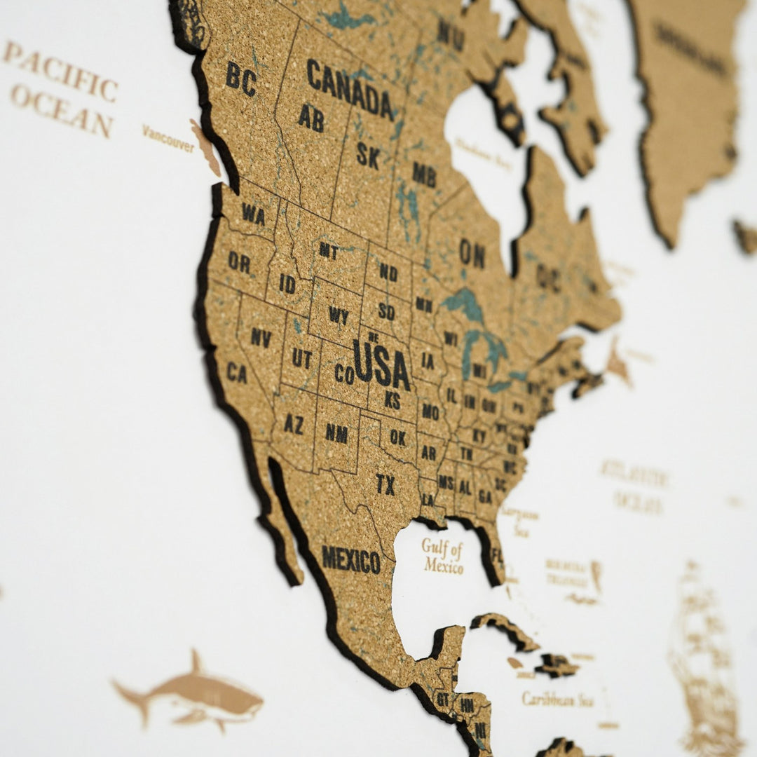 Çerçeveli Mantar Pano Dünya Haritası - Modern Duvar Dekoru