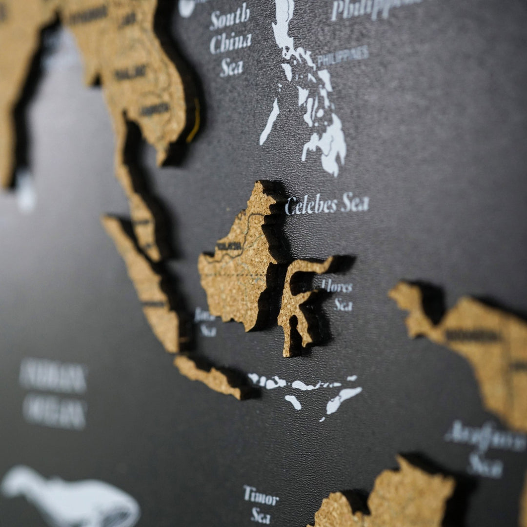 Mantar Pano Ahşap Dünya Haritası - Çerçevesiz Siyah Duvar Dekoru