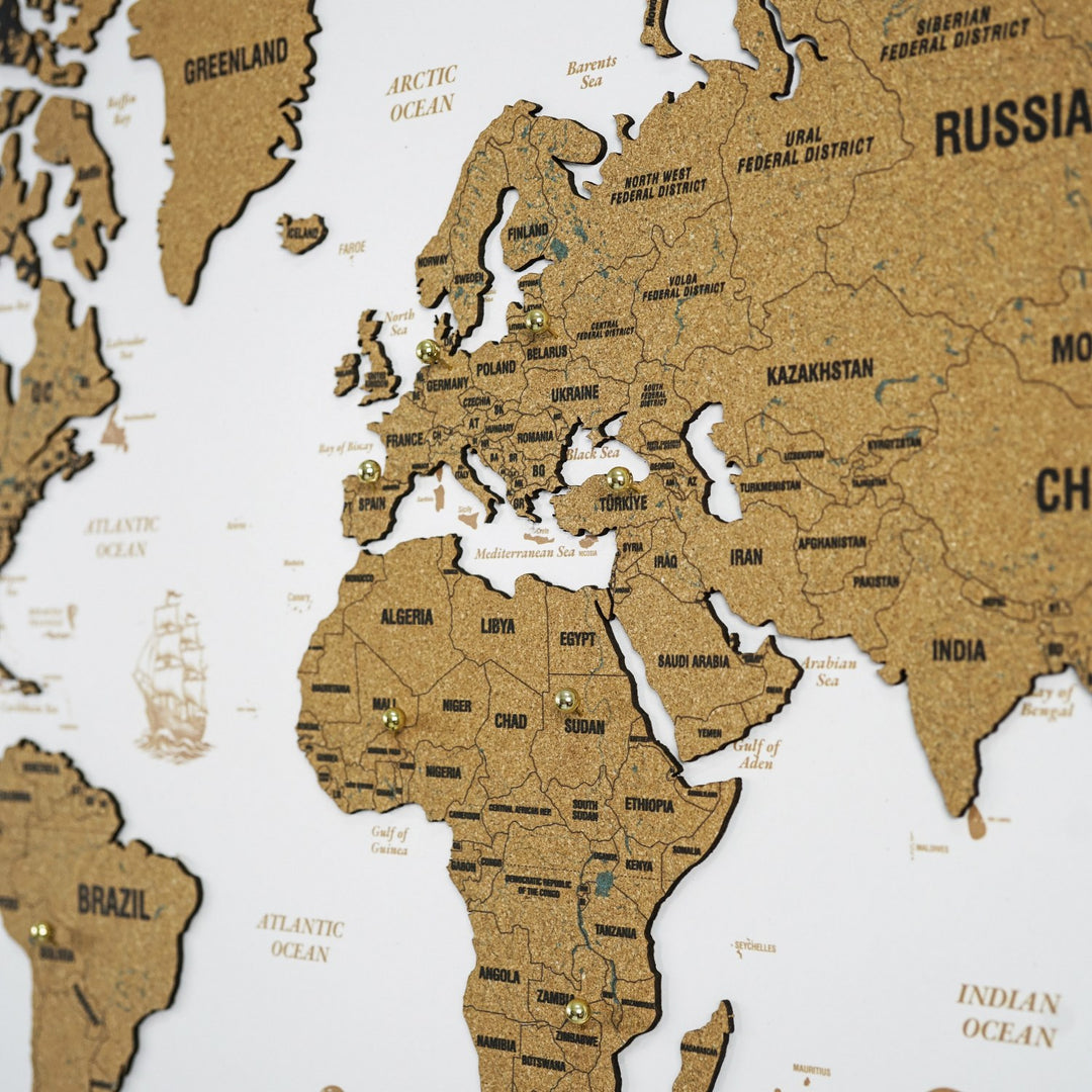 Mantar Pano Ahşap Dünya Haritası - Çerçevesiz Modern Duvar Dekoru