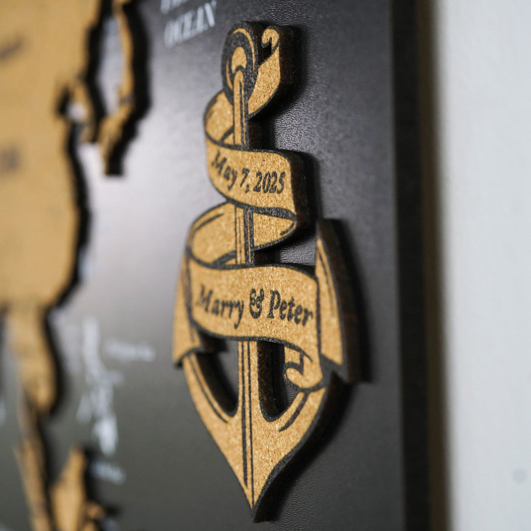 Mantar Pano Ahşap Dünya Haritası - Çerçevesiz Siyah Duvar Dekoru