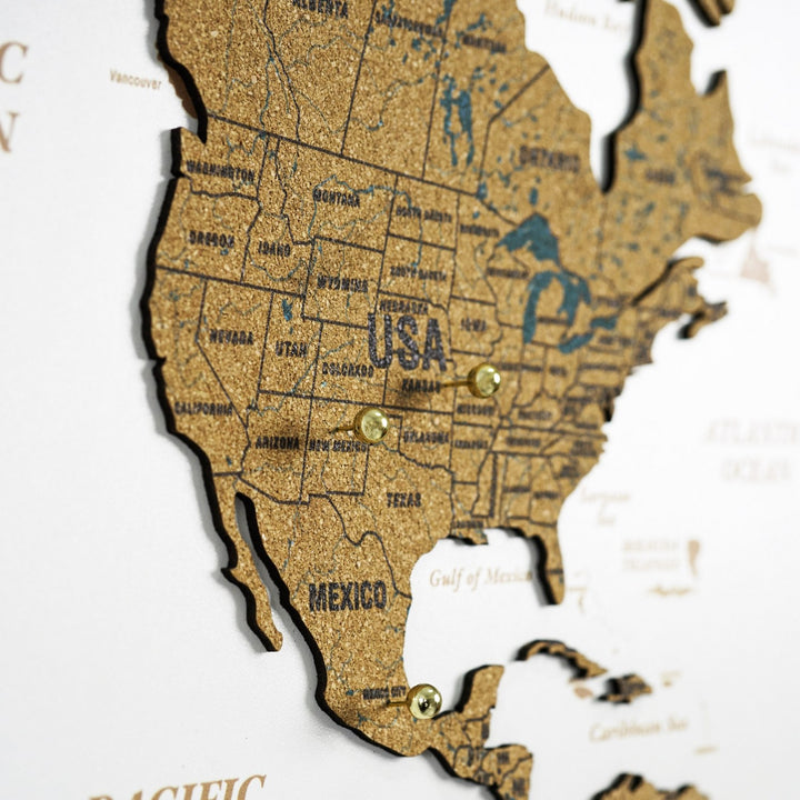 Mantar Pano Ahşap Dünya Haritası - Çerçevesiz Modern Duvar Dekoru