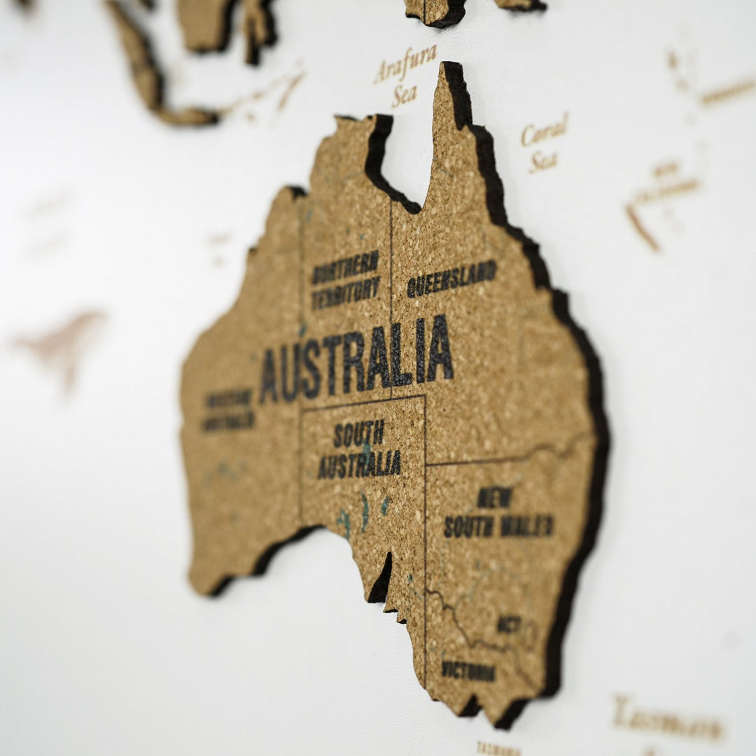 Mantar Pano Ahşap Dünya Haritası - Çerçevesiz Modern Duvar Dekoru