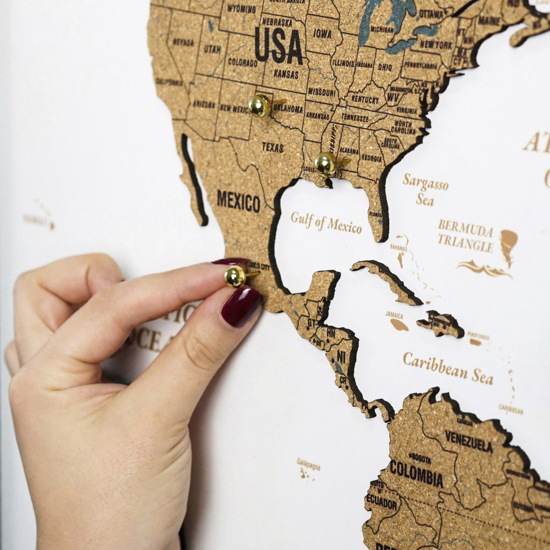 3 Parçalı Mantar Pano Dünya Haritası - Çerçeveli Modern Duvar Dekoru