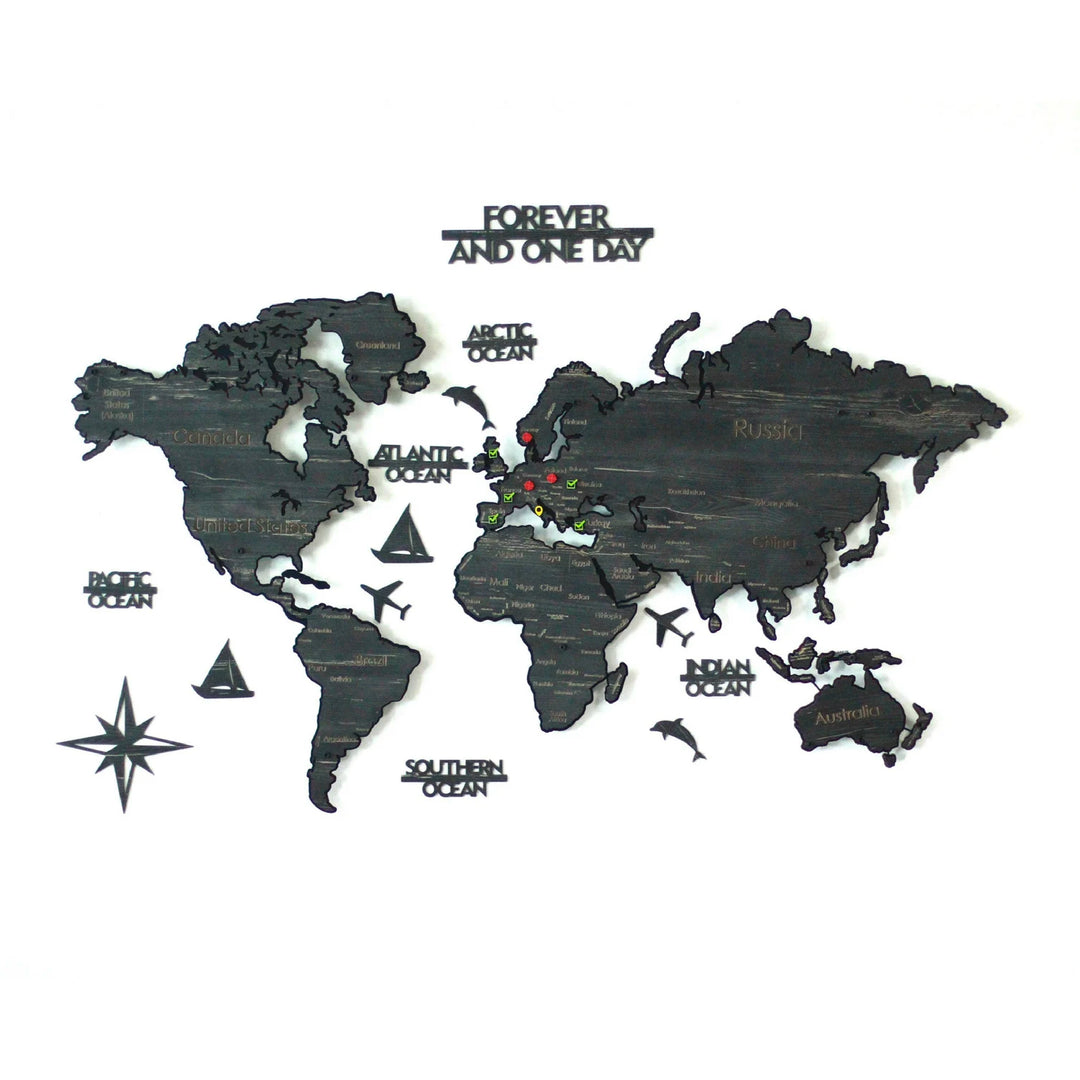Metal & 2D Ahşap Dünya Haritası (Tek Katmanlı) | Renk - Tuana