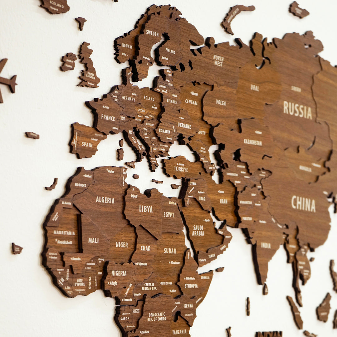 Çok Katmanlı 3D Ahşap Dünya Haritası - Ceviz v.2 - İNGİLİZCE